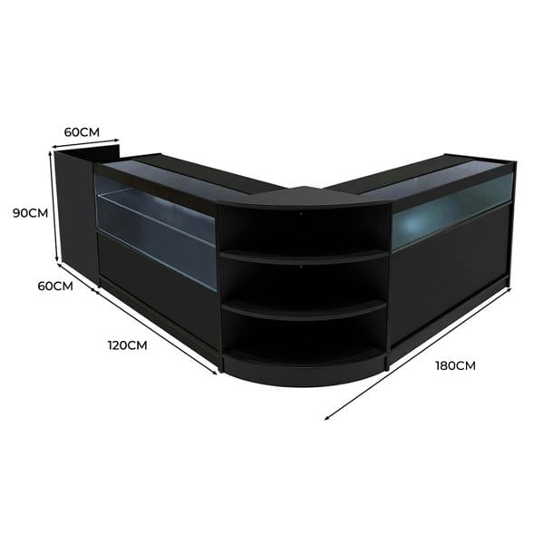 Europa LED Shop Counter Set in black features a sleek, modern design with glass display sections and ample storage space