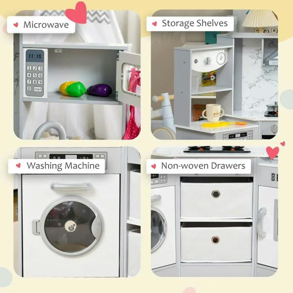 Toy kitchen playset details: microwave door, storage shelves, washing machine, drawer units