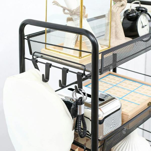 Black steel mesh trolley with front hooks and side rail for hanging accessories