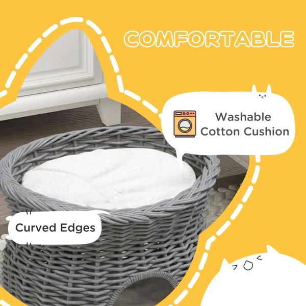 Grey wicker cat house with washable cotton-style cushion and curved edges