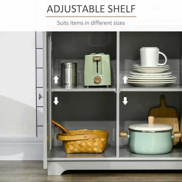 Grey sideboard interior with adjustable shelving and cabinet doors, organized kitchen items