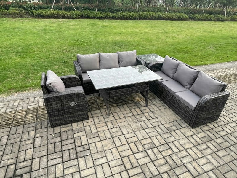 Fimous 7 Seater Rattan Garden Furniture Set Oblong Rectangular Dining Table and Chairs Set with 3 Seater Sofa Side Tables Dark Grey Mixed
