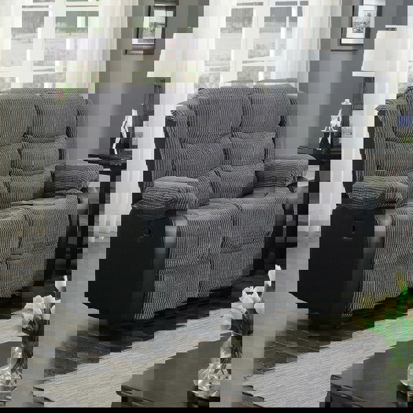 Roma Jumbo Cord with Leather Sofa 3+2 Seater Fabric Recliner Sofa in Grey with Black