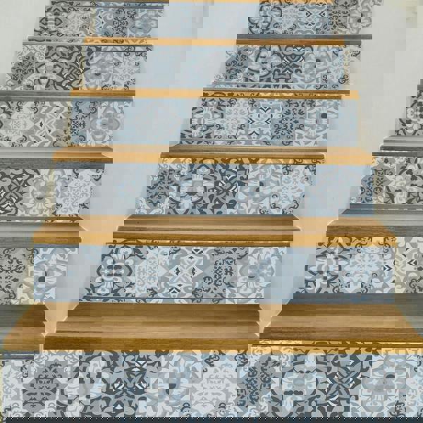 WFS031 - Light Blue Floral Tiles stairs stickers