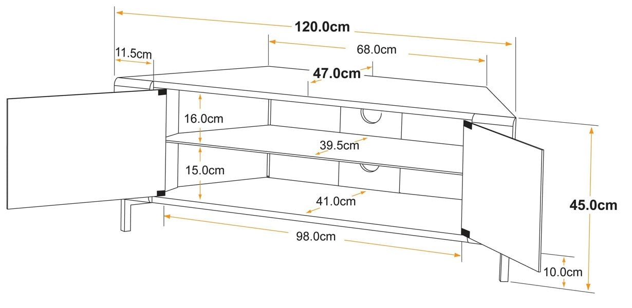 MDA Designs CORVUS Corner-Friendly Gloss Black Contemporary Cabinet with Black Profiles White BeamThru Glass Doors for Flat Screen TVs up to 50"