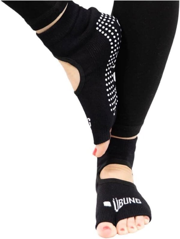 Ubung Black Yoga CAL174 Non Slip Open Toe Socks Packs of 12 Size 4-9 UK Size