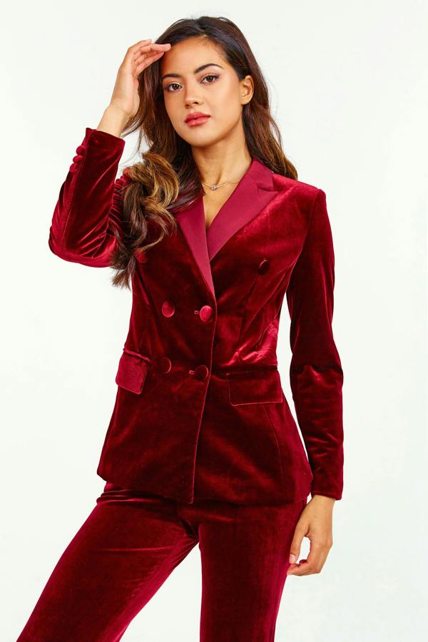 LuvForever Evara – Burgundy Velvet Blazer & Trouser Suit