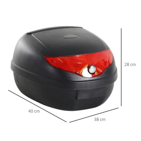 Black hard tail box with red tail light and size dimensions shown
