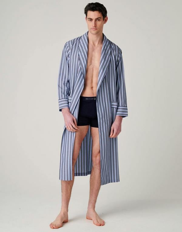 British Boxers Men's Crisp Cotton Dressing Gown – Navy Spark Stripe