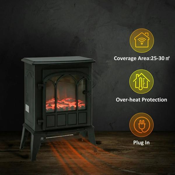 Black freestanding electric stove fireplace with LED flame and front glass window.