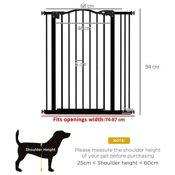 Black foldable dog safety gate with size diagram and vertical bar spacing