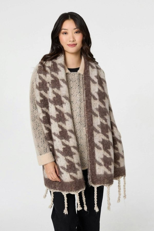 Blue | Houndstooth Print Oversize Fringed Scarf
