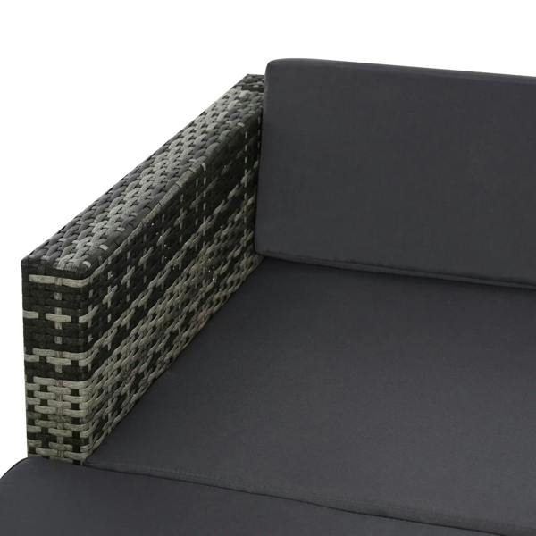 Grey rattan armrest and dark seat cushion on outdoor sectional sofa