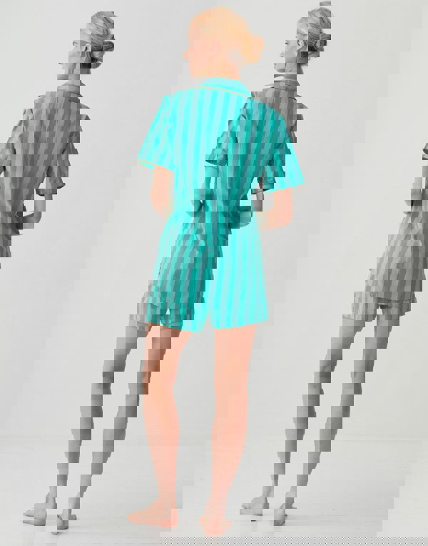 British Boxers Women's Crisp Cotton Short Pyjama Set – New York Turquoise Stripe