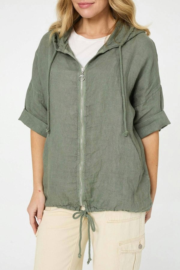 Khaki | Zip Front Drawstring Hooded Parka Jacket
