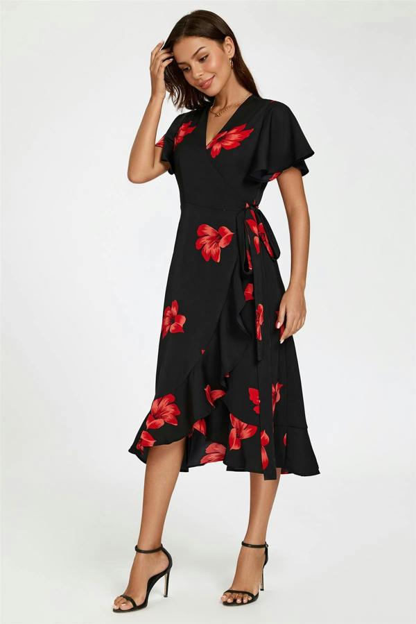 FS Collection Floral Print Angel Sleeve Wrap Dress In Black