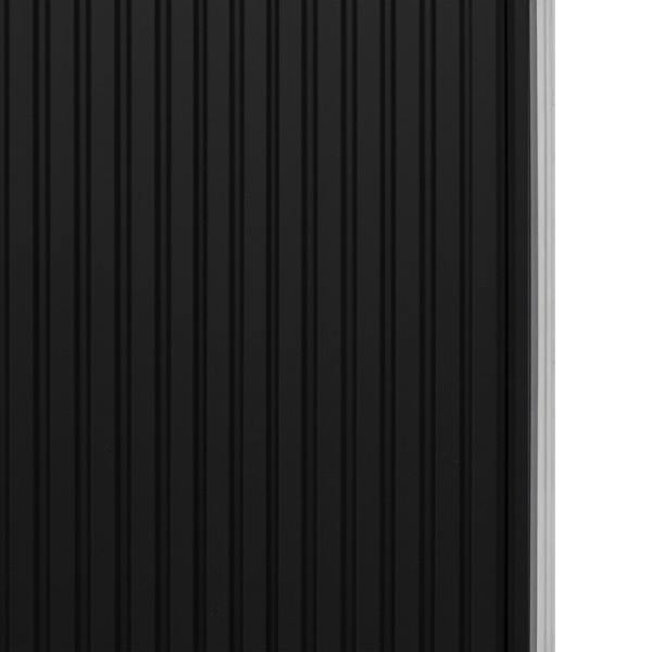 Black Tambour shower door featuring a sleek, ribbed texture and modern design, perfect for contemporary bathrooms