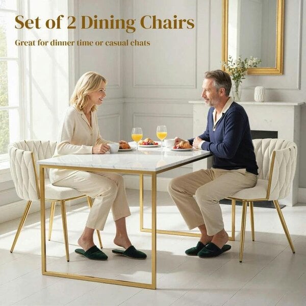 Bobobiy Velvet-Feel Dining Chairs Set of 2, Modern Upholstered Armchair with Knot Design and Golden Metal Legs, Accent Chair, Cream