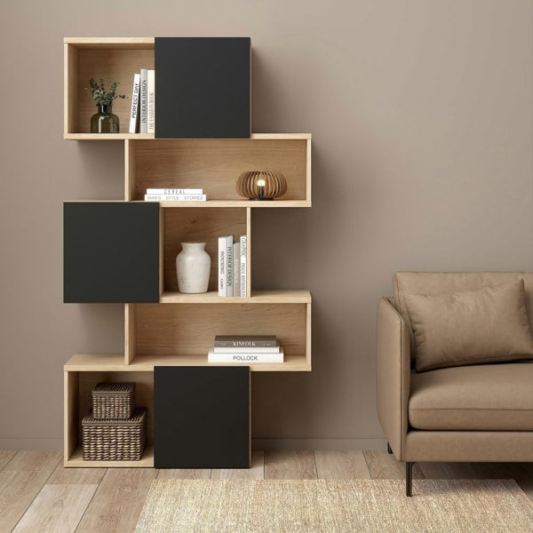 Furniture To Go Maze Asymmetrical Bookcase with 3 Doors in Jackson Hickory and Black