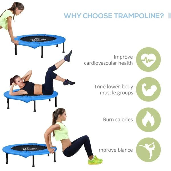 Blue round mini fitness trampoline with padded safety edge and black jumping surface