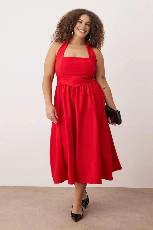 WOVCOR Square Neck Skater Midi Finike Woven Plus Size Dress