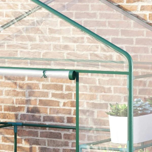 Green greenhouse frame with roll-up door bar and clear PVC panel