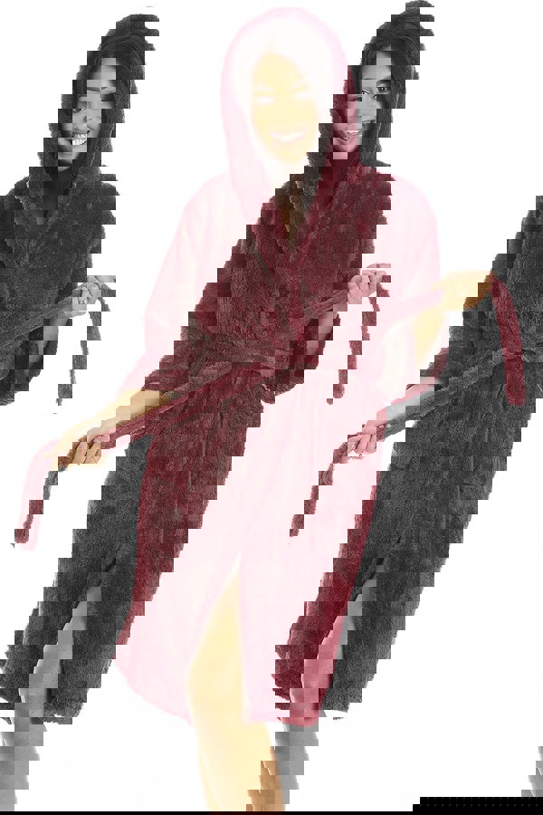 Camille Womens Burgundy Supersoft Fluffy Fleece Hooded Robes