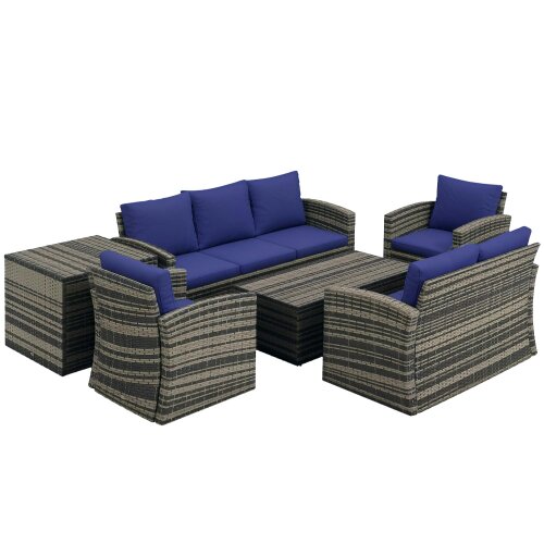 Wyld Haus Resuno Grey Rattan Navy Blue 7 Seater Outdoor Sofa Set With Storage Tables