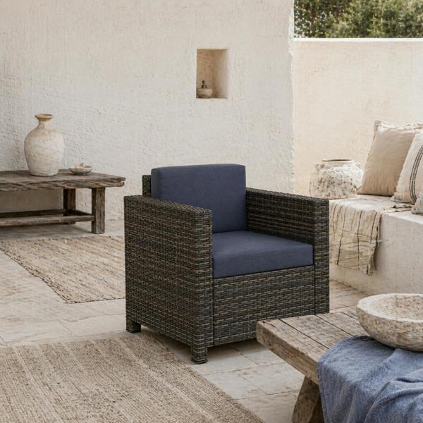 Wyld Haus Zivi Faux Rattan Mixed Brown And Navy Garden Armchair With Cushion