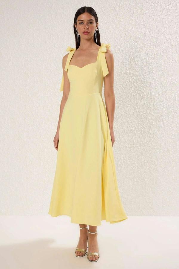 Hoxton Gal Elegant Woven Midi A-Line Dress with Tie-Strap Detail