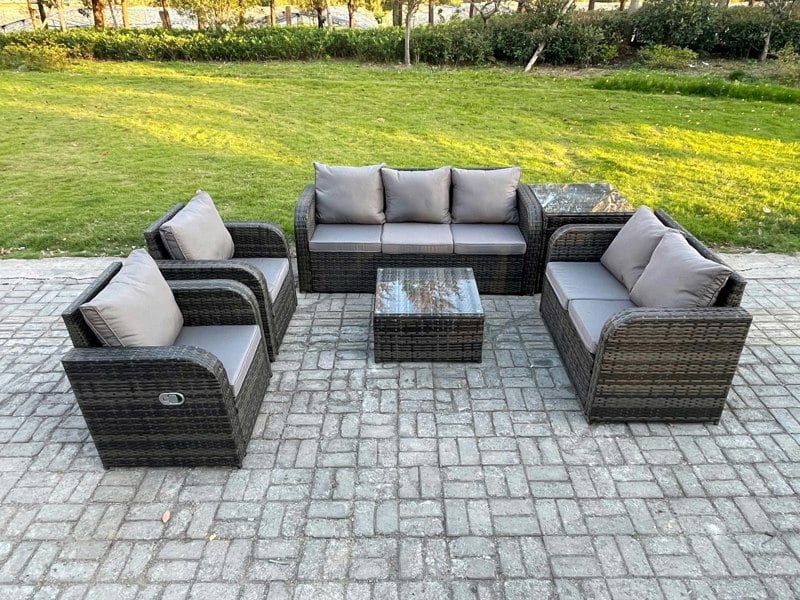 Fimous 7 Seater Garden Furniture Set Rattan Outdoor Lounge Sofa Chair With Tempered Glass Table Side Table Dark Grey Mixed