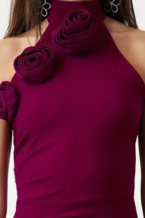WOVCOR Woven Maxi Elegant Evening Dress with Rose Detail