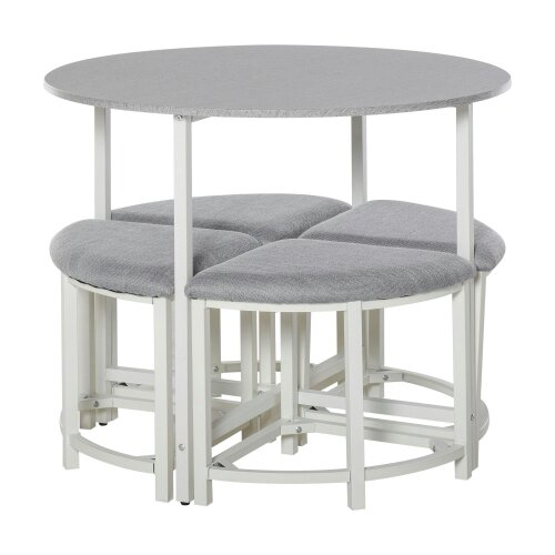 Wyld Haus Bavino Metal And Fabric Grey Round Dining Table With 4 Upholstered Stools