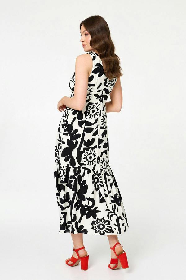 Beige | Floral Sleeveless A-Line Midi Dress