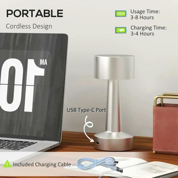 Silver cordless table lamp base with USB Type-C charging port and included charging cable