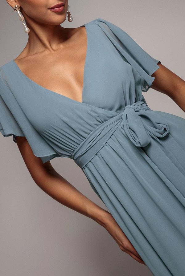 Chiffon Flutter Sleeve Wrap Maxi Dress - Dusty Blue DR2486