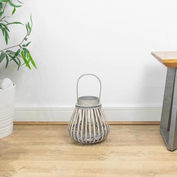 JVL Luna Natural Bulb Shaped Willow Wood Lantern With Wooden Handle, Grey Wash