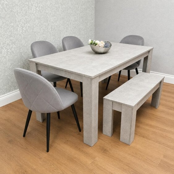 Kosy Koala Light Stone Grey Effect Dining Table Set with 4 Grey Velvet Chairs & Bench, 140x80x75cm
