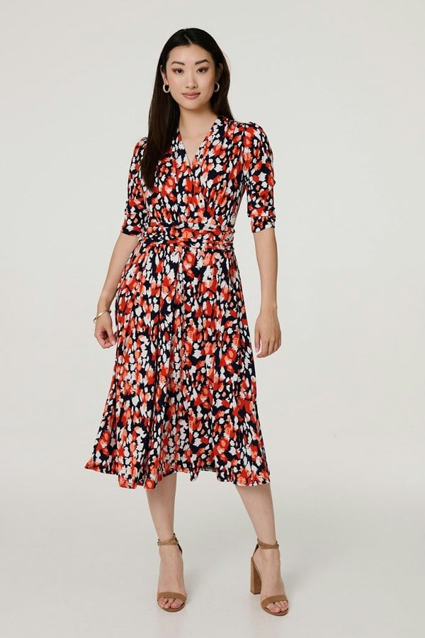 Orange | Printed 3/4 Sleeve V-Neck Midi Wrap Dress
