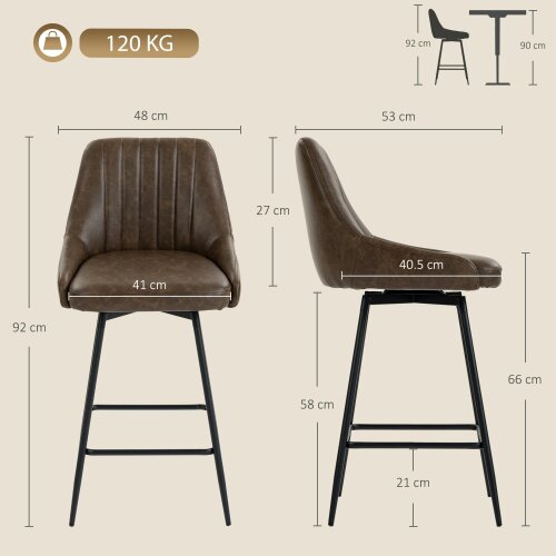 HOMCOM Vintage Bar Stools Set of 2, PU Leather, Footrest, Dark Brown