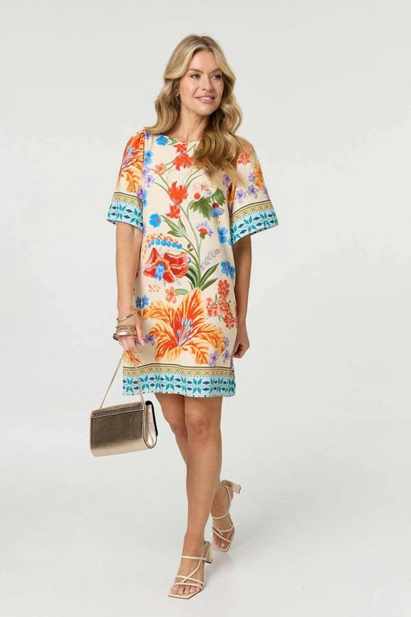 Orange | Floral Border Print Short Shift Dress