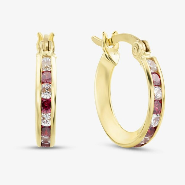 T. H. Baker 9ct Yellow Gold Red & White Cubic Zirconia 14mm Hoop Creole Earrings 1.58.7109
