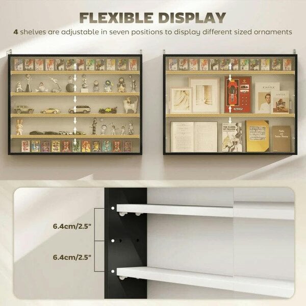 5-Tier Wall Display Cabinet, Wall Mounted Display Case w/ 4 Adjustable Shelves, Glass Doors, 60x80cm, Black and White