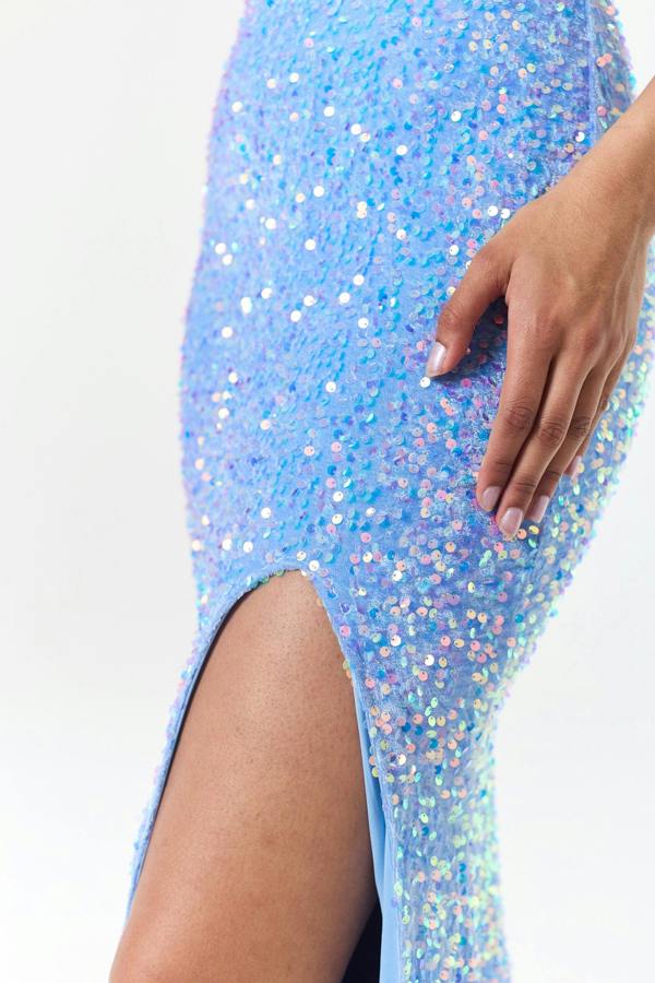 LuvForever Sora - Sky Blue Side Slit Sequin Maxi Dress