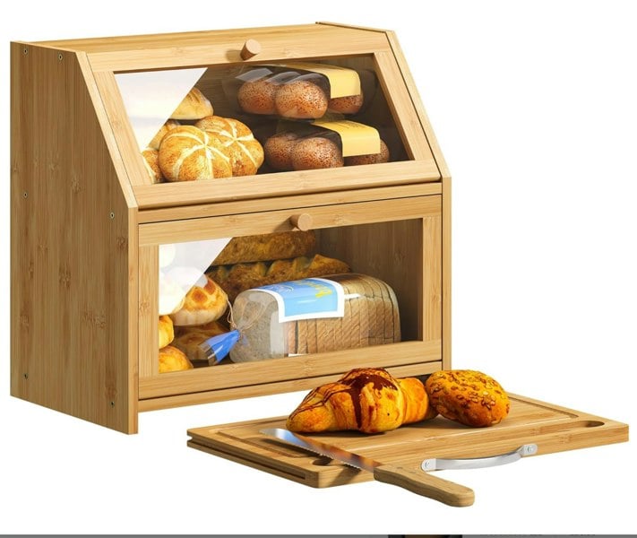 Maison des Cadeaux Large 2-Compartment Bamboo Bread Bin with Sliding Chopping Board