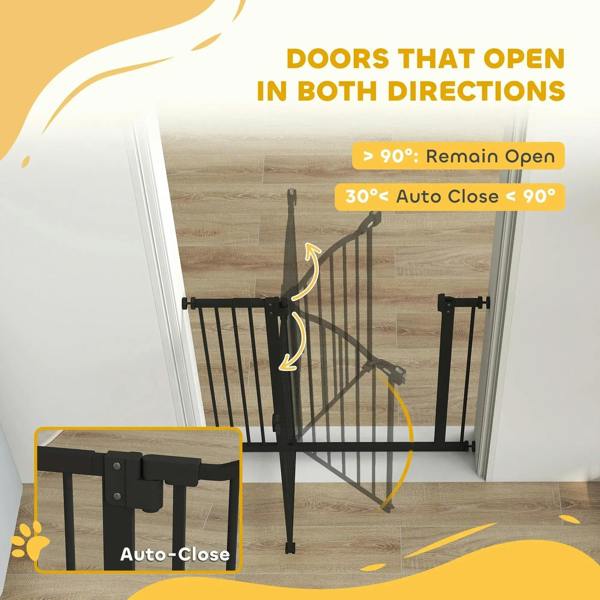 Black metal pet safety gate with auto-close door and hinged frame