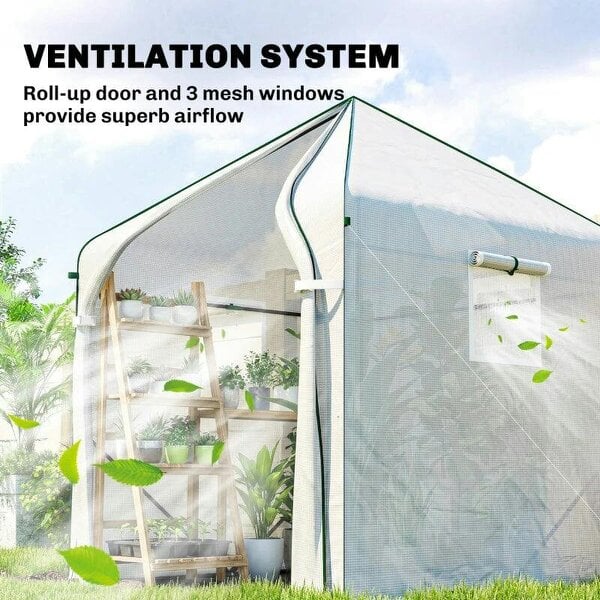 Bobobiy Walk-in Greenhouse for Outdoors with Steel Frame, Large Plant House with Roll-up Door and PE Ground Cover, White