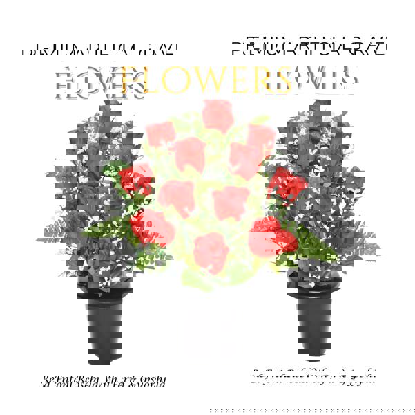 Memorials Direct Premium Artificial Grave Flowers – 29cm Red Frontal Rosebud With Fern & Gypsophila | Memorial Vase Pot