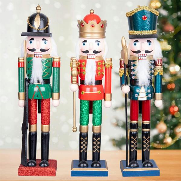 43cm Wooden Christmas Nutcracker Soldier Ornaments Set of 3, Hand Painted Festive Decor image 1