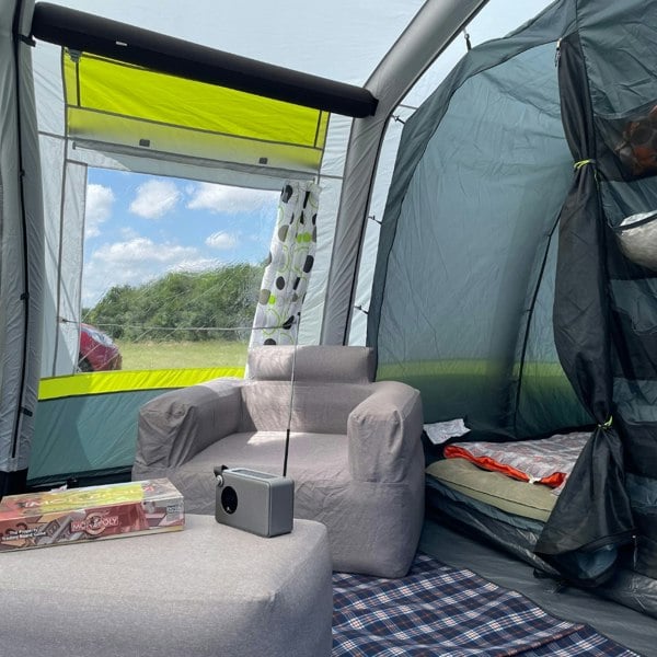 An image of the double sleeping pod with sleeping bags stowed inside of the Home 5 Berth Inflatable Family Tent from OLPRO.